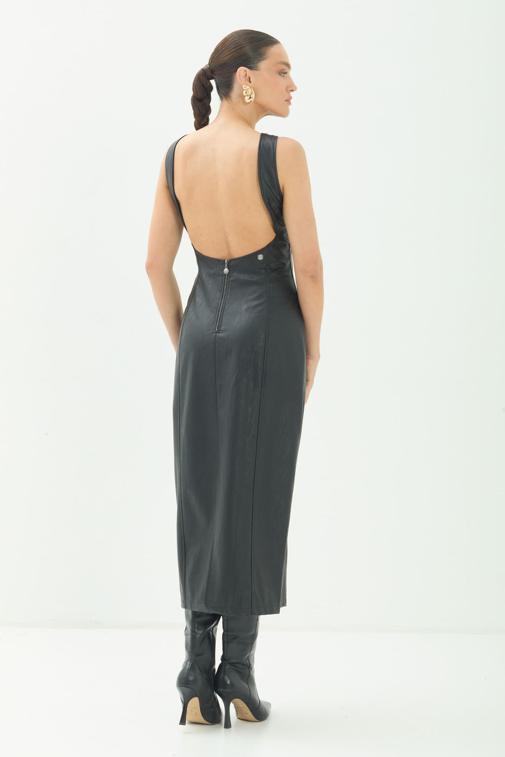 Vestido PU Midi Decote Costas ACT Feminino Preto