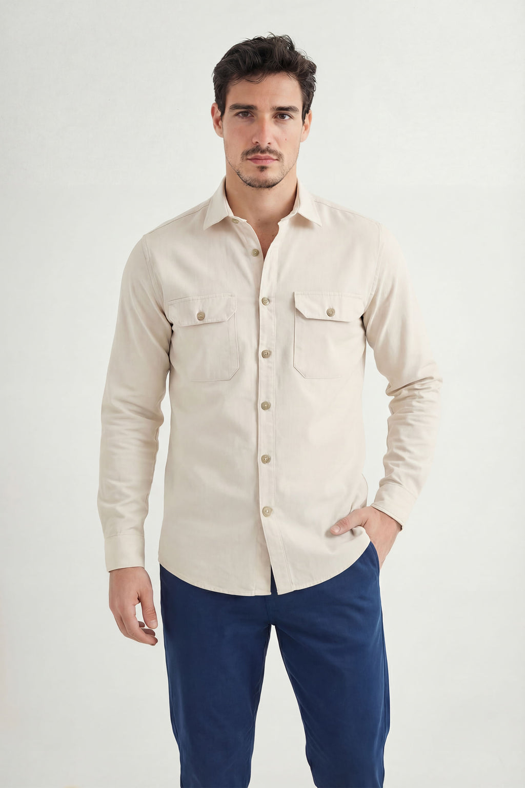 Camisa Manga Longa Com Linho Masculina Acostamento Natural