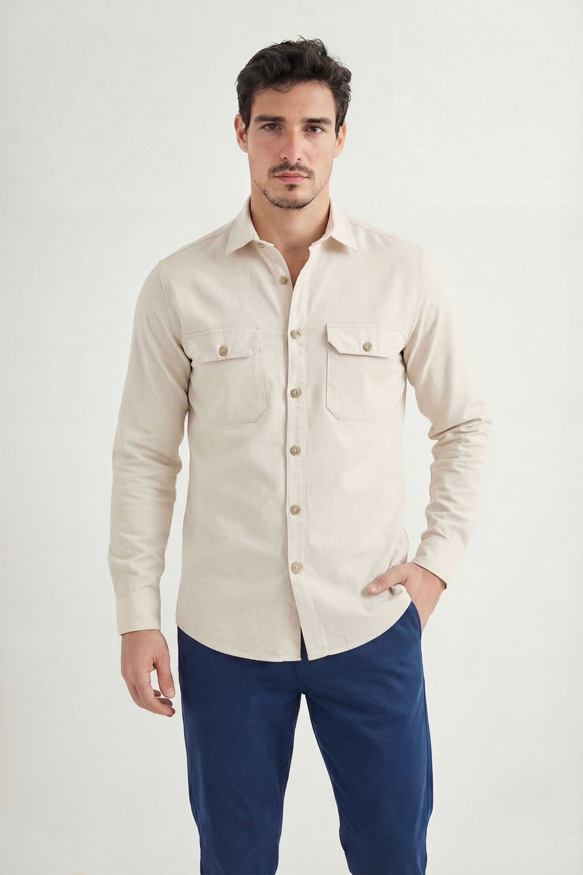 Camisa Manga Longa Com Linho Masculina Acostamento Natural