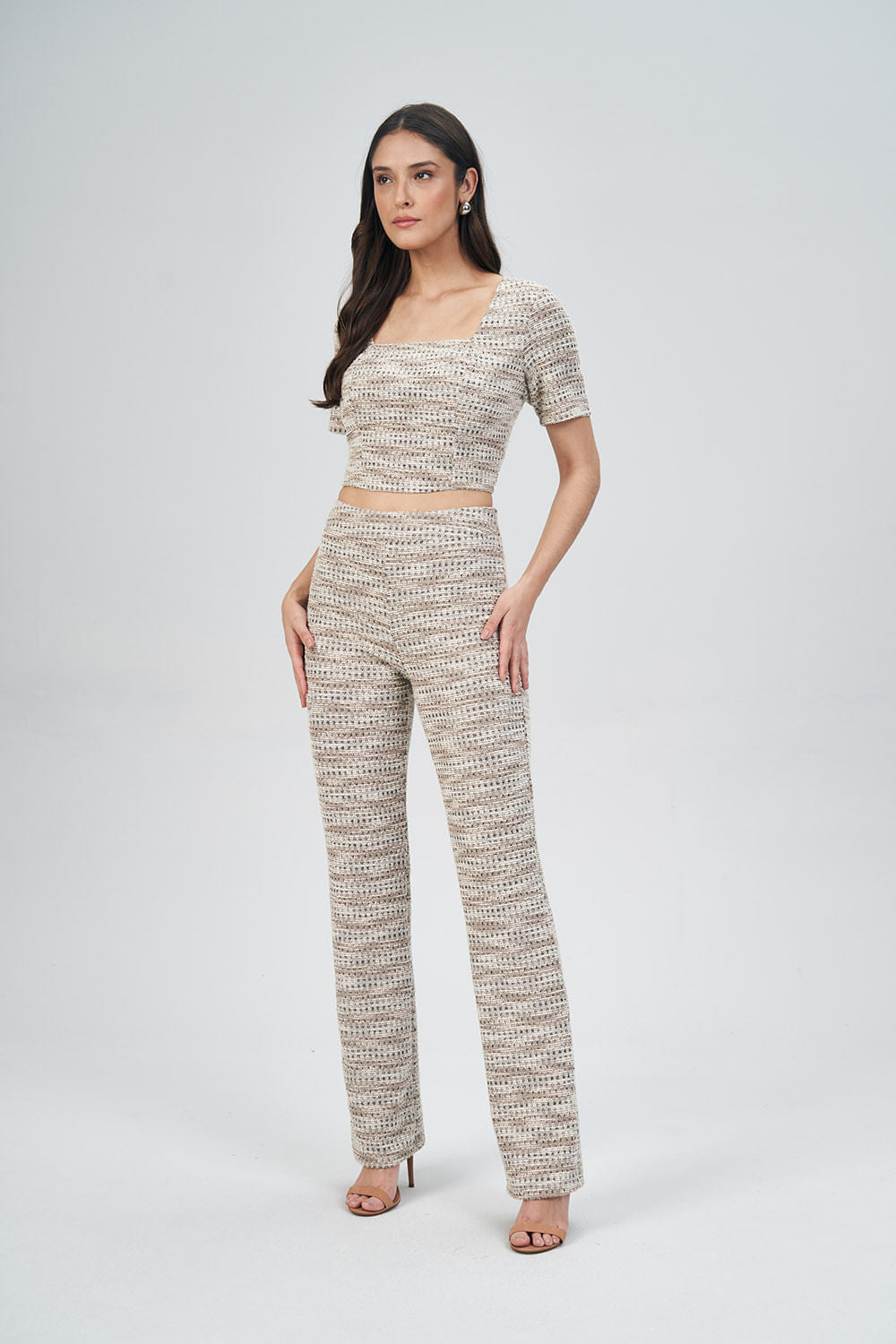 Blusa Decote Quadrado Tweed Feminina Acostamento Areia C/ Dourado
