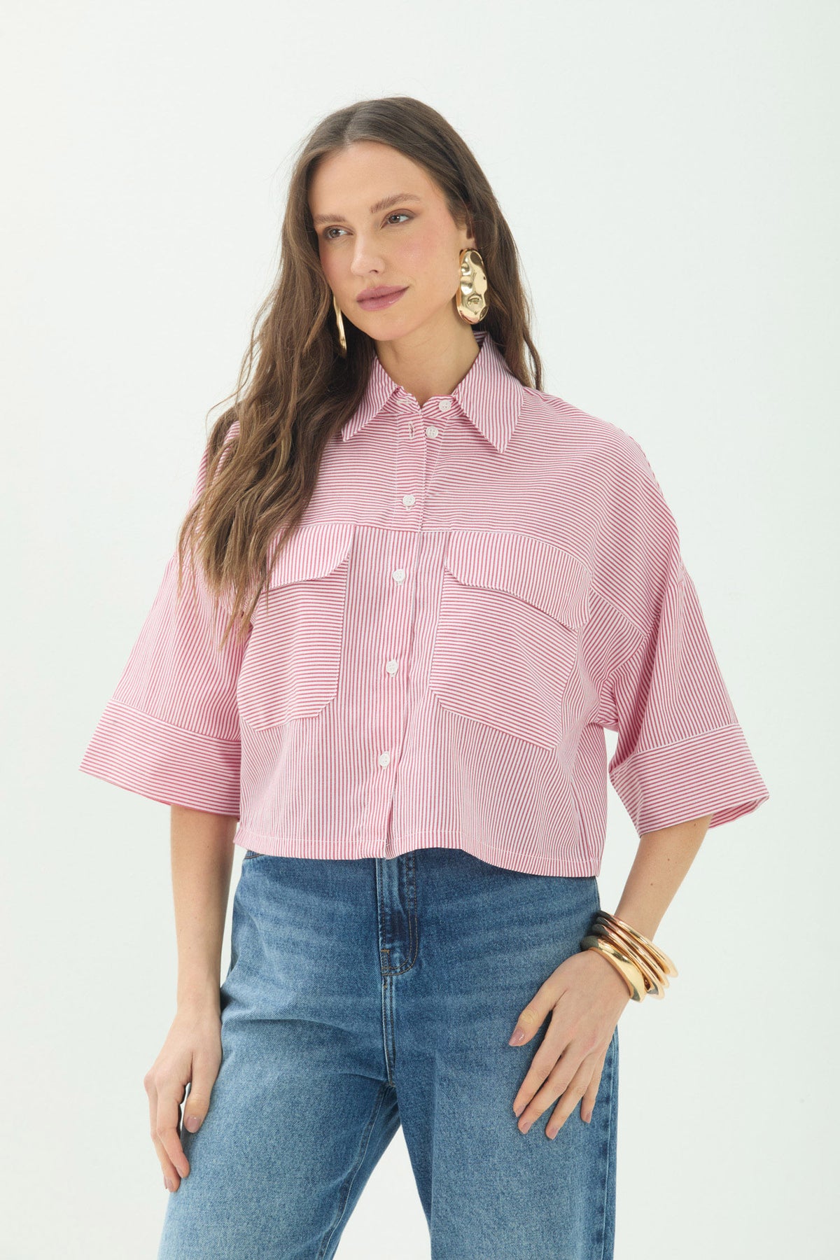 Camisa Manga Curta Com Bolsos ACT Feminina Listrado Red Velvet