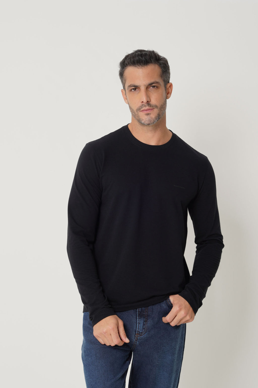 Camiseta Elastano Manga Longa Básica Masculina Acostamento Preto