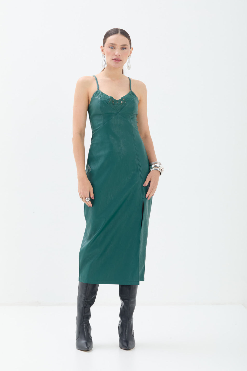 Vestido Midi PU Com Alças Finas ACT Feminino Deep Forest