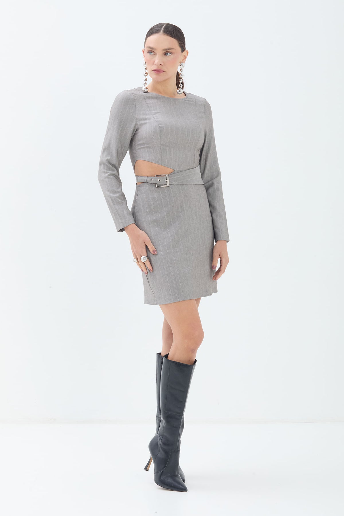 Vestido Alfaiataria Vazado Cinto ACT Feminino Light Silver