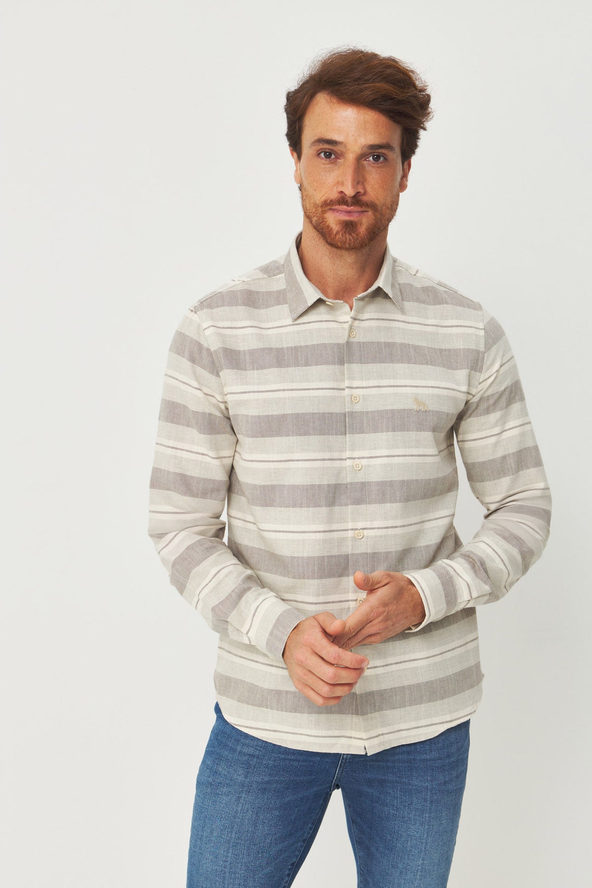 Camisa Manga Longa Listrada Masculina Acostamento Listrado Bege