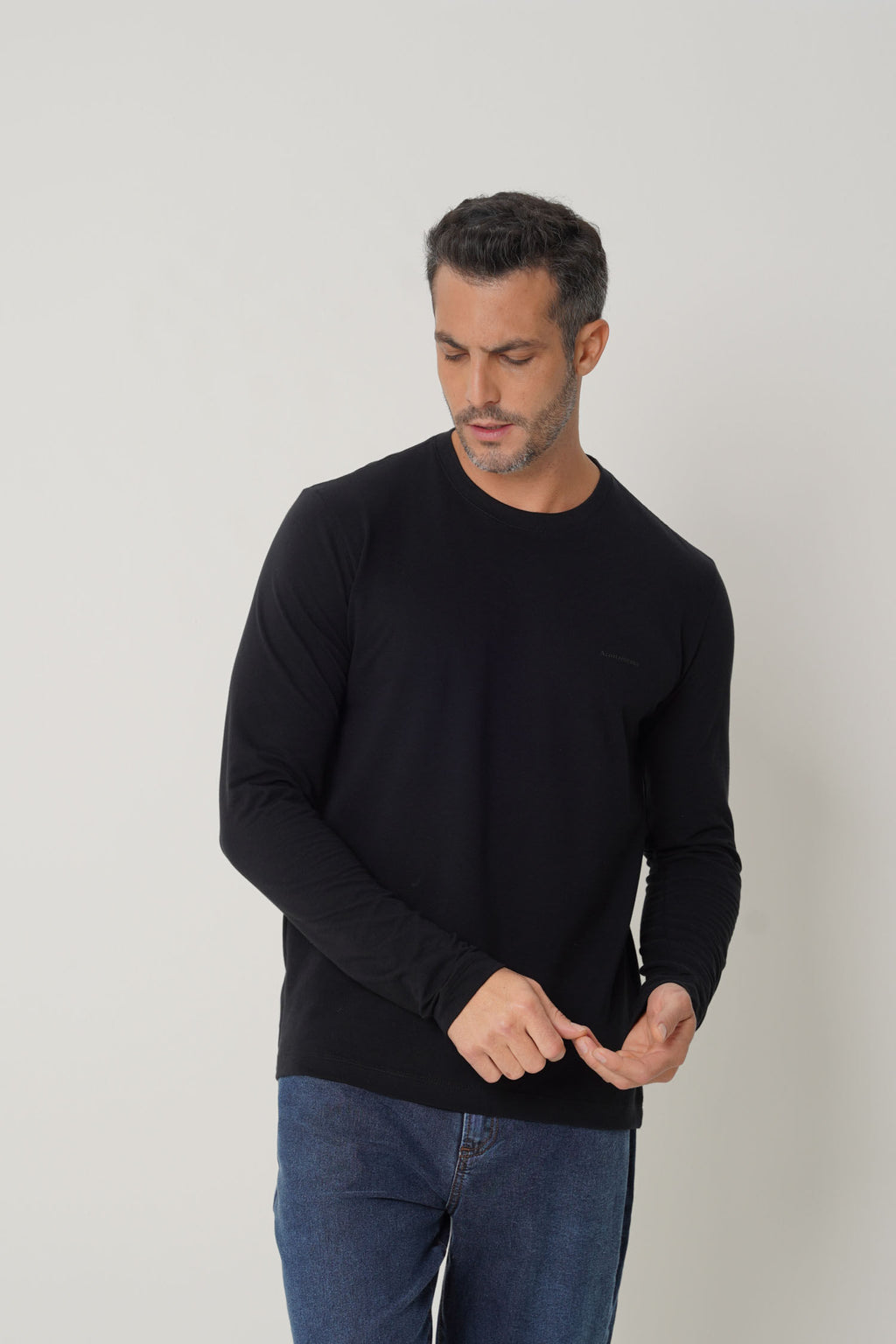 Camiseta Elastano Manga Longa Básica Masculina Acostamento Preto