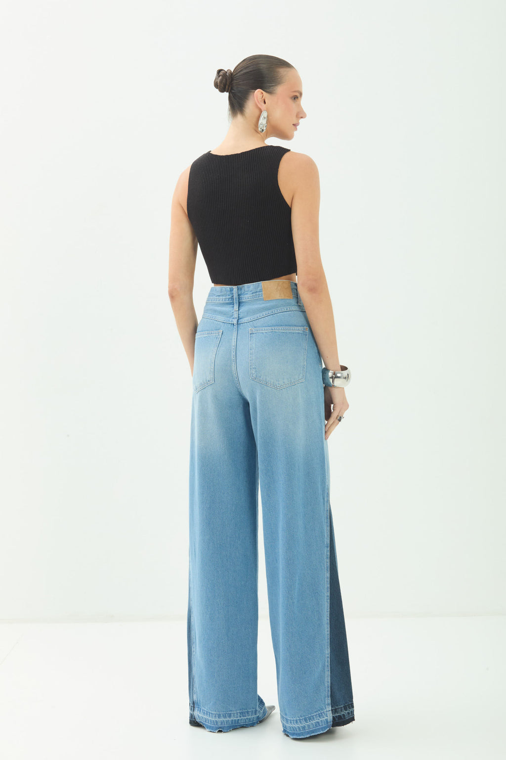 Calça Jeans Wide Leg Recorte ACT Feminina Jeans Intermediario