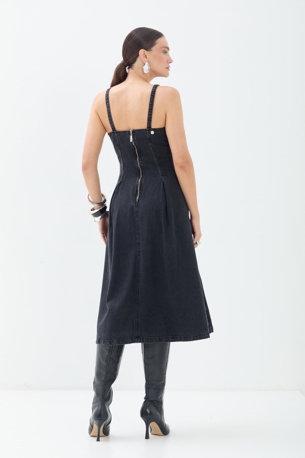 Vestido Jeans Midi Com Alças ACT Feminino Jeans Escuro