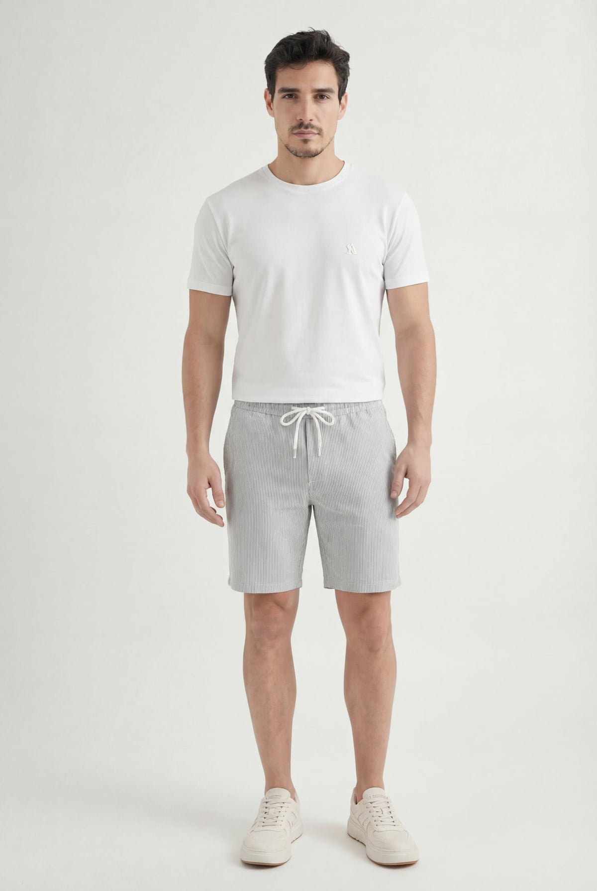 Bermuda Listrada Casual Masculina Acostamento Listrado Bege