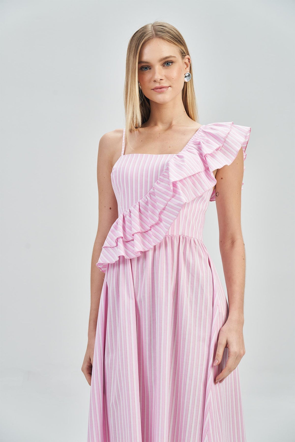 Vestido Midi Babado Diagonal Feminino Acostamento Listrado Pink Sunset