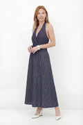 Saia Jeans Midi Com Listras ACT Feminina Jeans Escuro