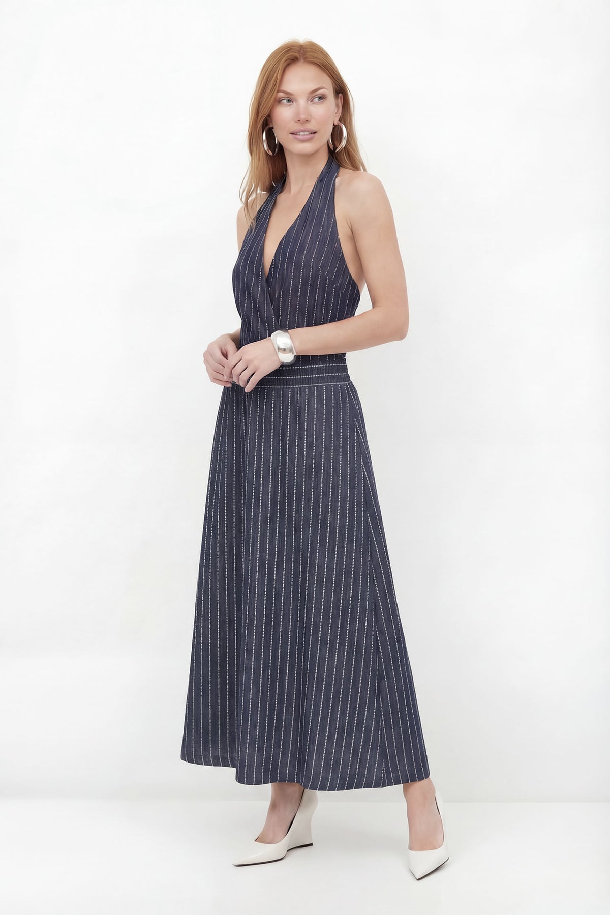 Saia Jeans Midi Com Listras ACT Feminina Jeans Escuro