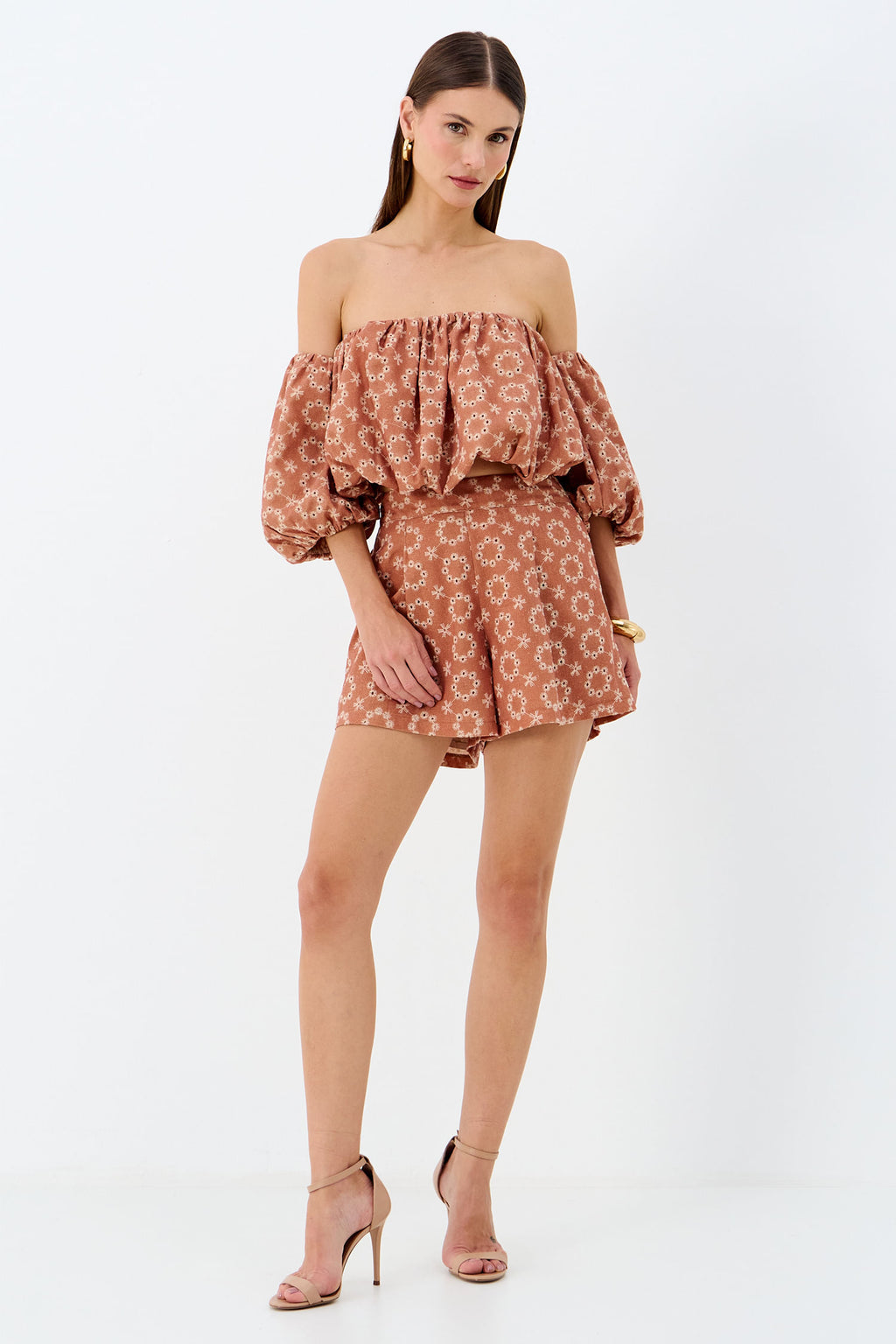Blusa Cropped Ombro a Ombro Bordada ACT Feminino Sepia