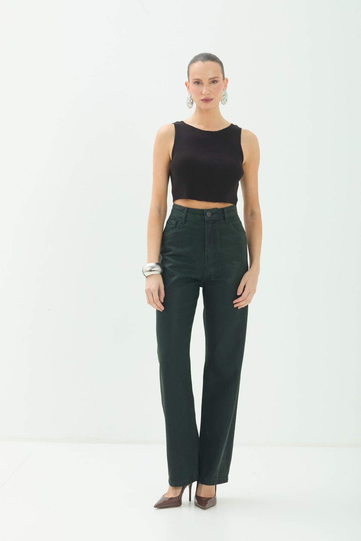 Calça Jeans Straight Cintura Alta ACT Feminina Deep Forest
