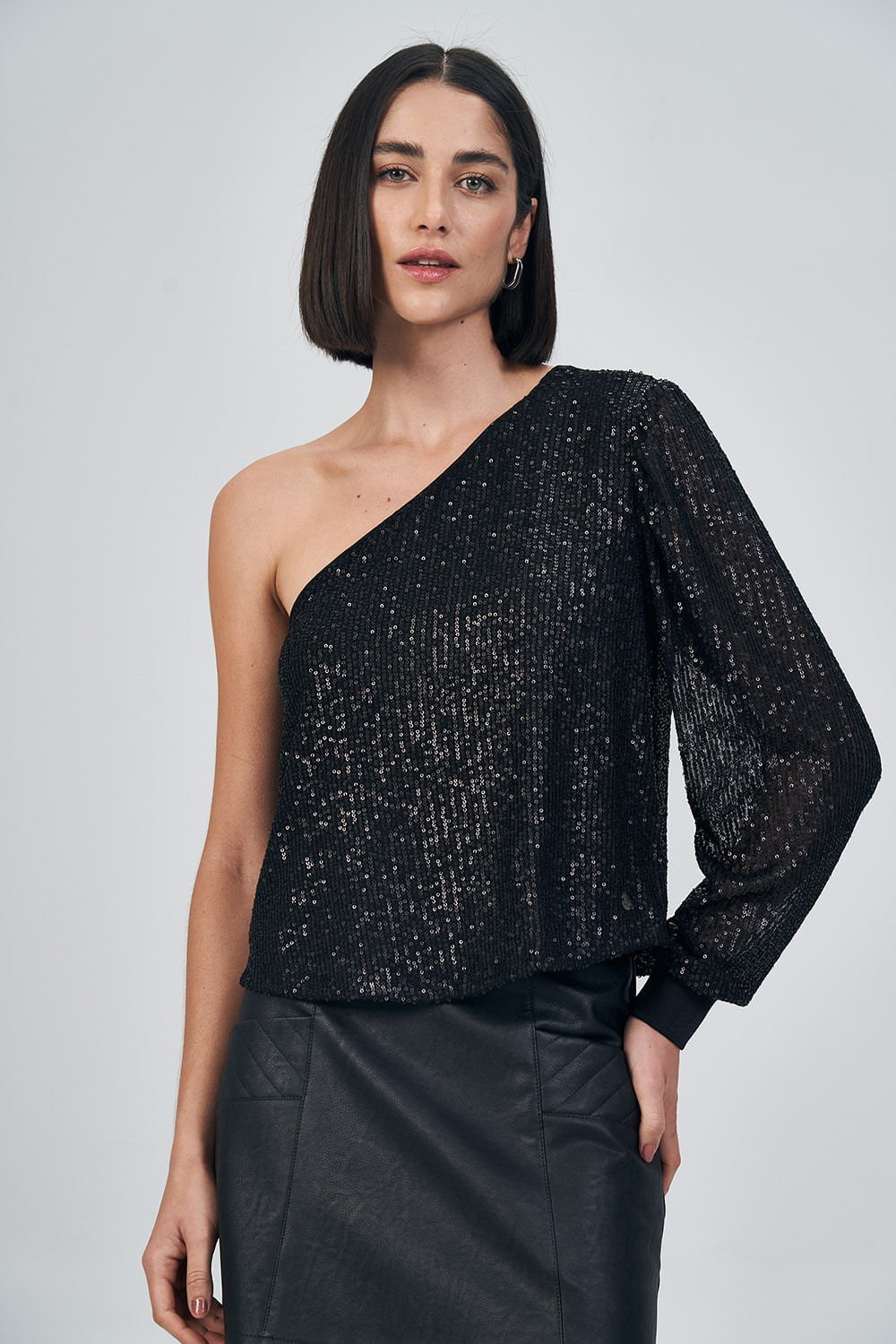 Blusa Manga Única Paetê Black Feminina Acostamento Preto