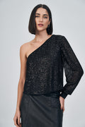Blusa Manga Única Paetê Black Feminina Acostamento Preto