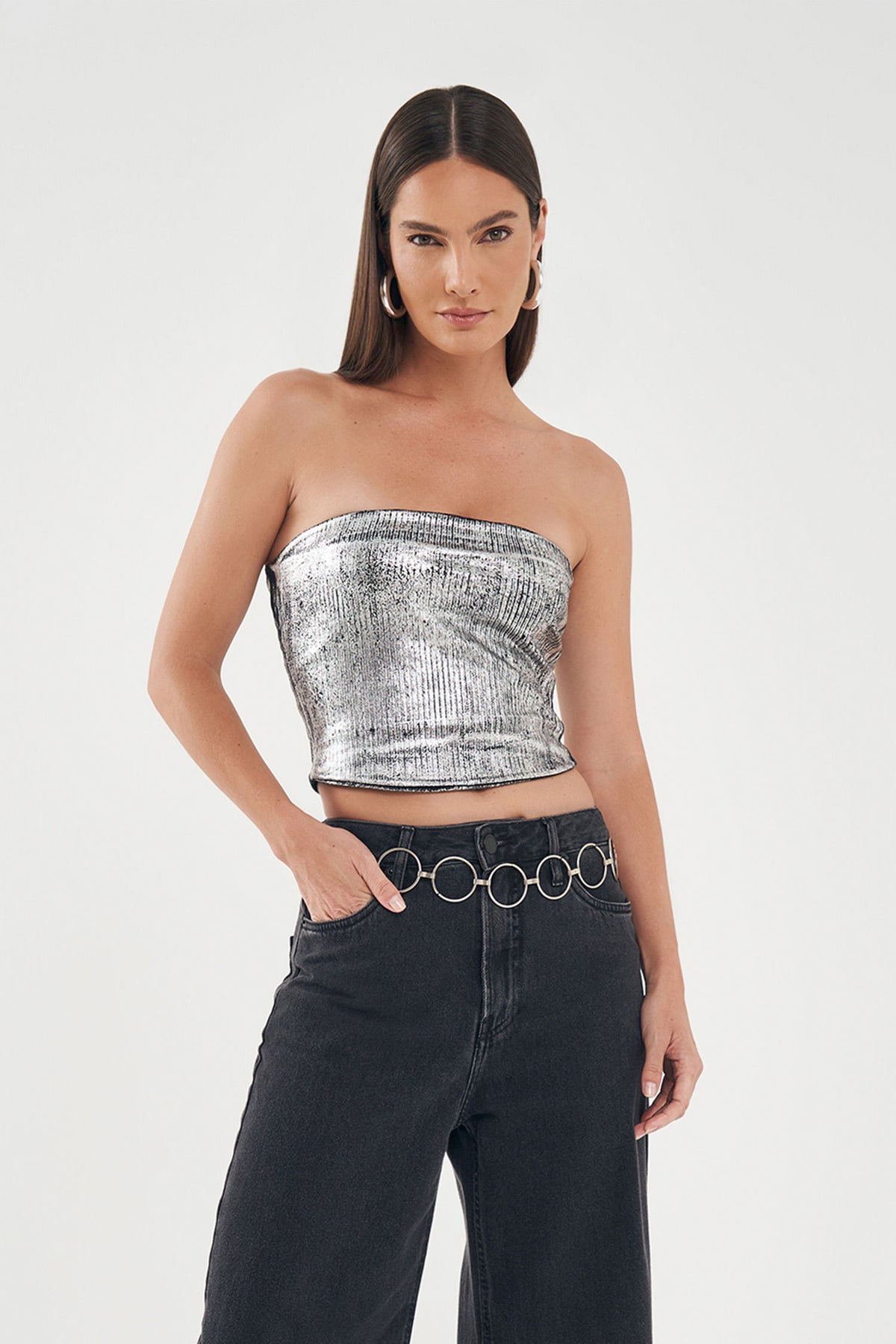 Blusa Glamour Foil Sem Alça Feminina Inblanche Preto