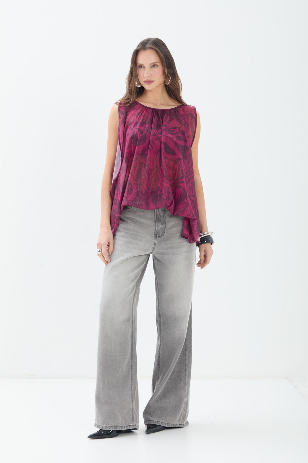 Blusa Estampada Fluida Sem Manga ACT Feminina Deep Mirage