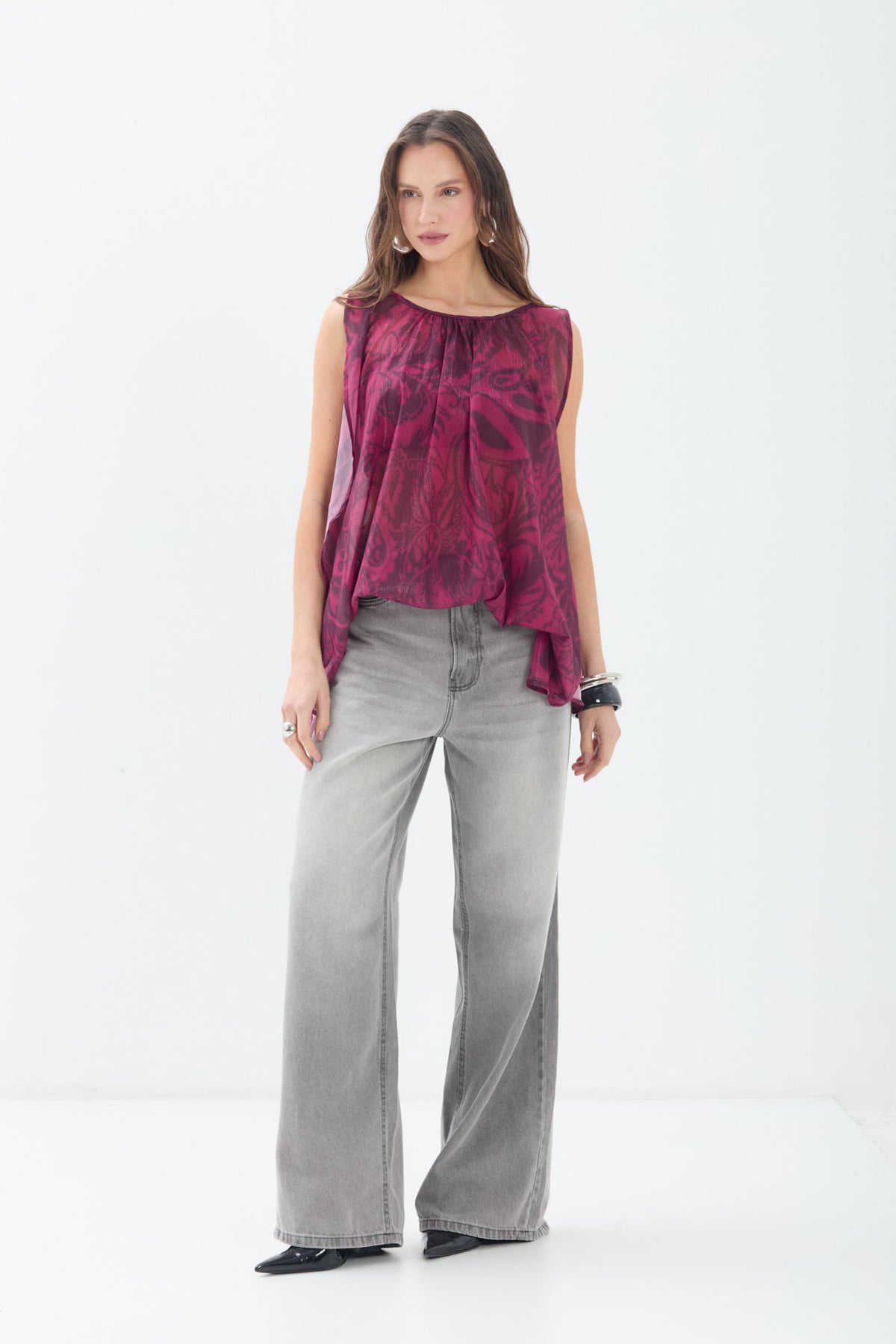 Blusa Estampada Fluida Sem Manga ACT Feminina Deep Mirage