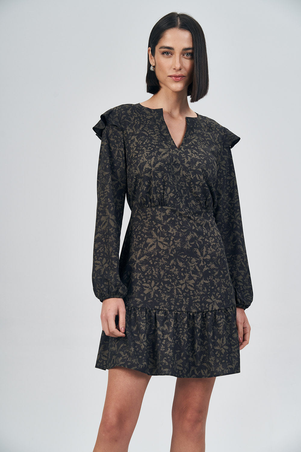 Vestido Manga Longa Com Babados Feminino Acostamento Mini Garden