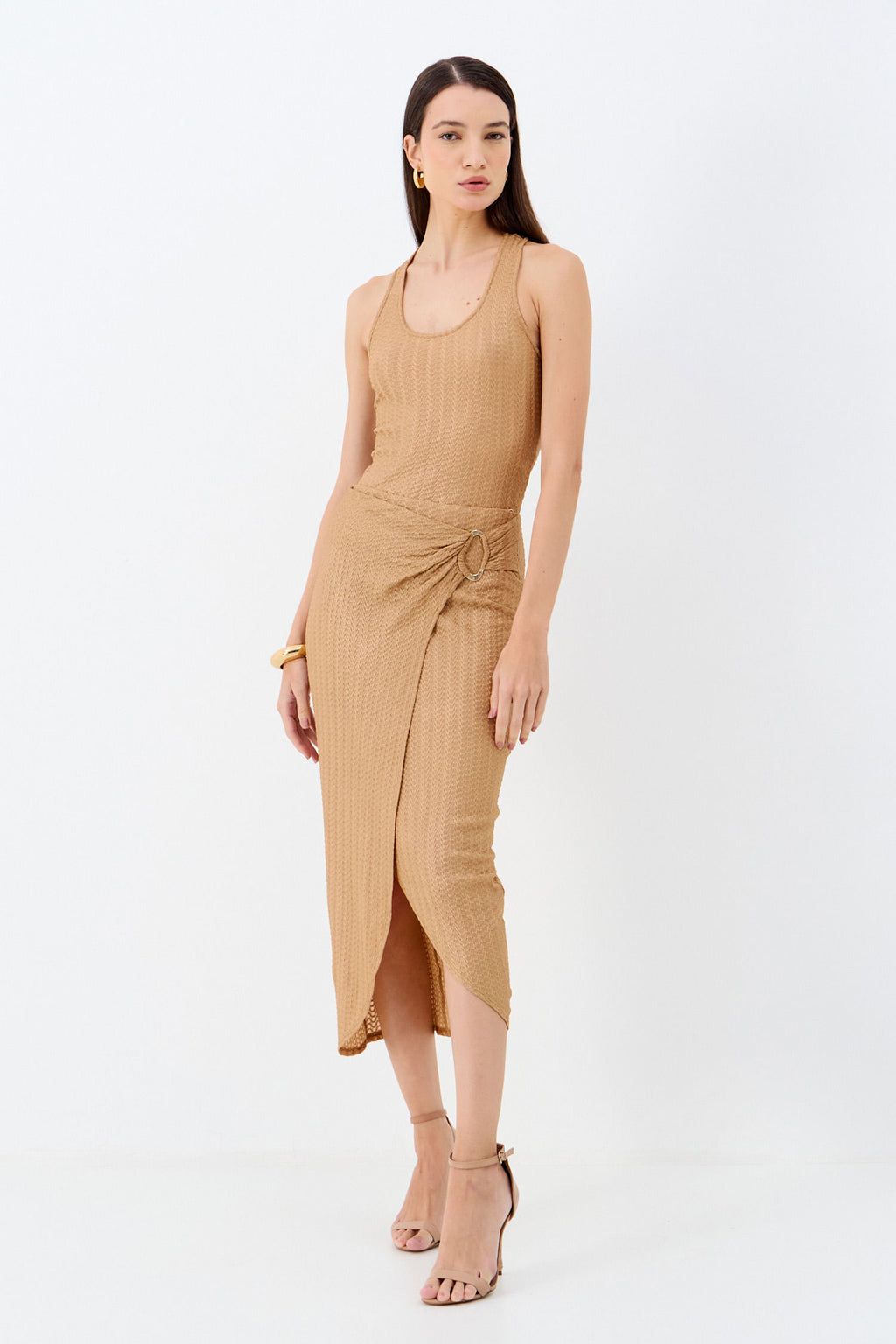 Saia Midi Texturizada com Argola Lateral ACT Feminino Sand C/ Dourado