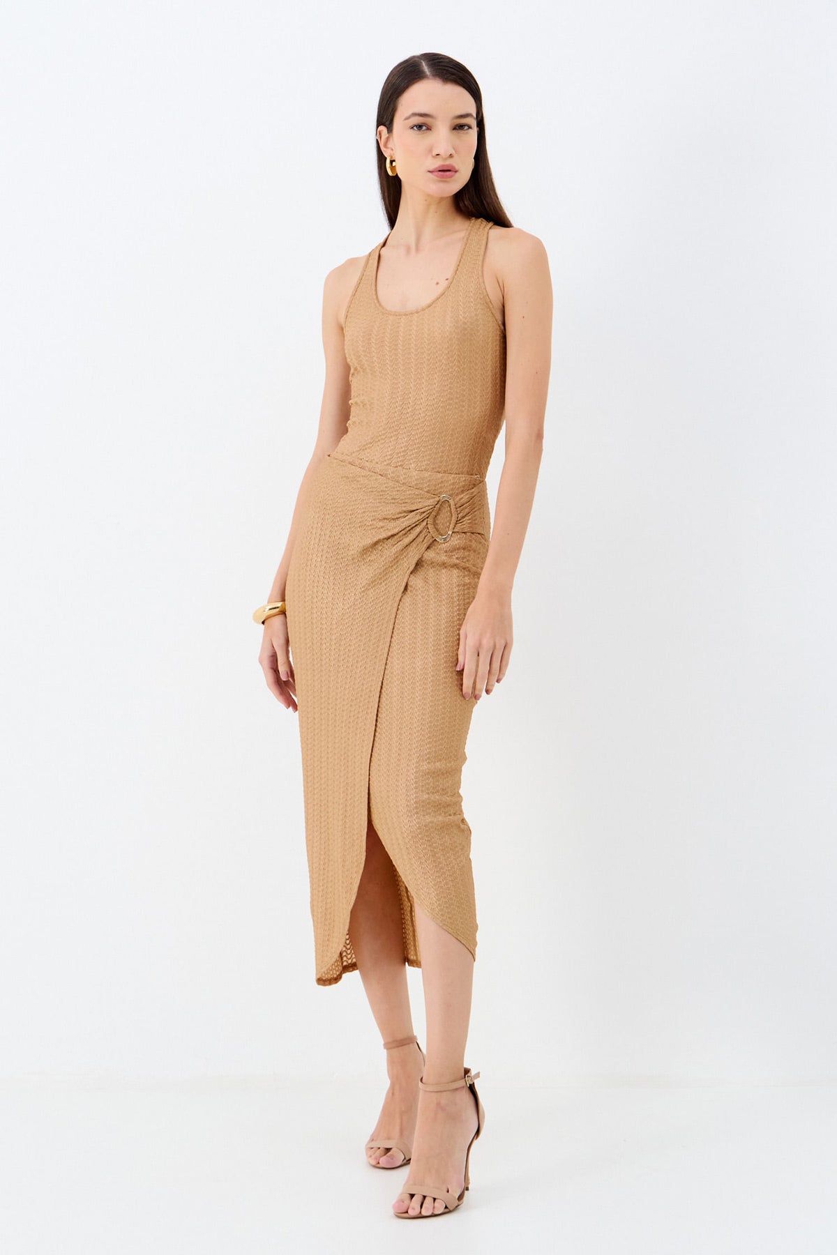 Saia Midi Texturizada com Argola Lateral ACT Feminino Sand C/ Dourado