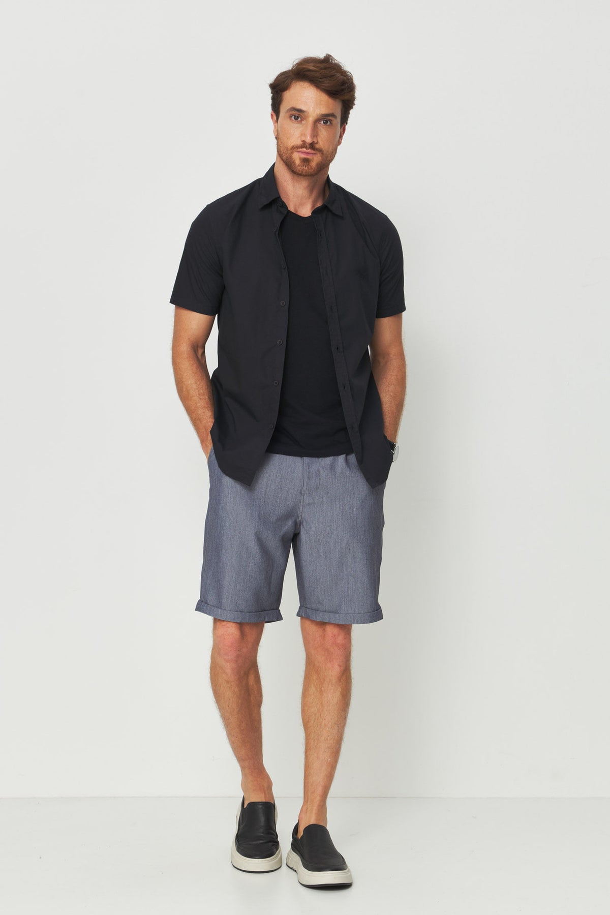 Bermuda Alfaiataria Masculina Acostamento Marinho Mesclado