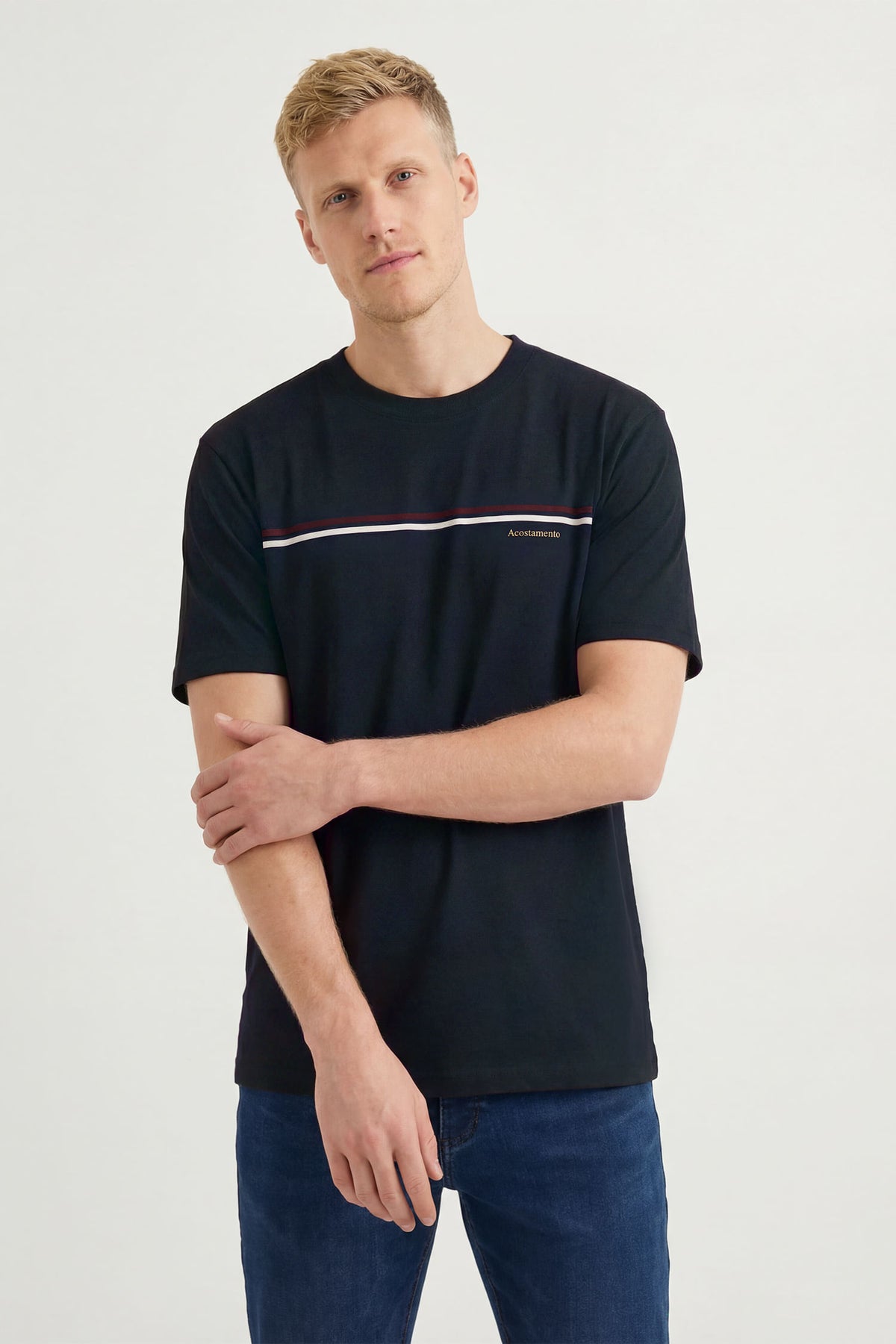 Camiseta Básica Faixas Masculina Acostamento Marinho