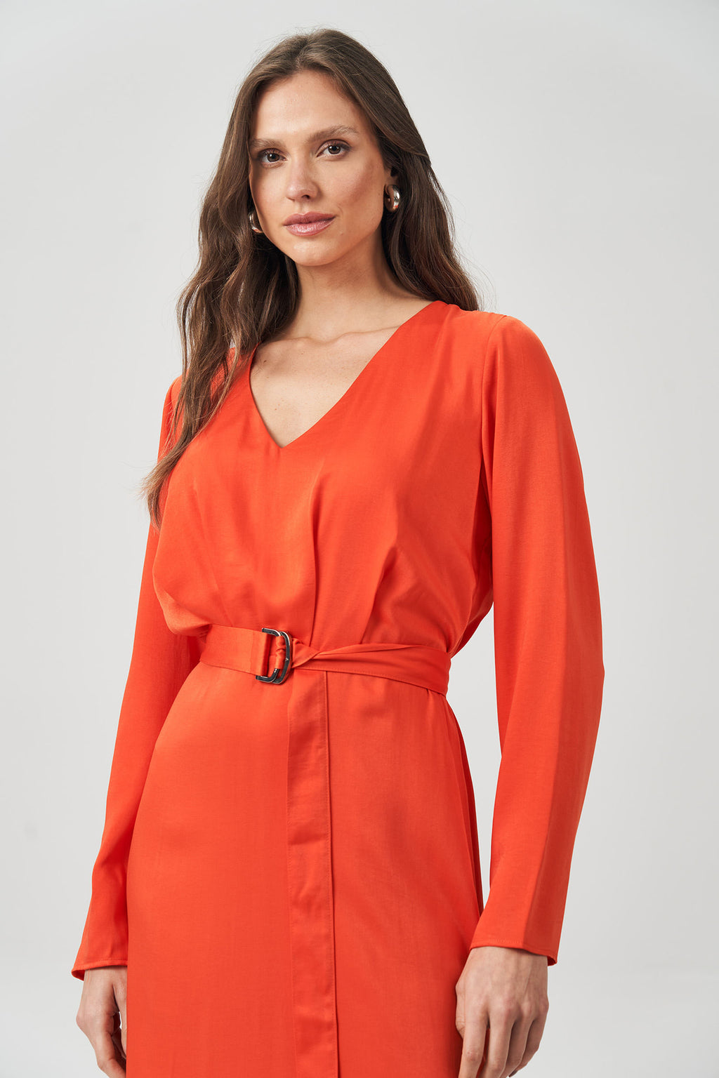 Vestido Acetinado com Cinto Feminino Acostamento Orange Rust