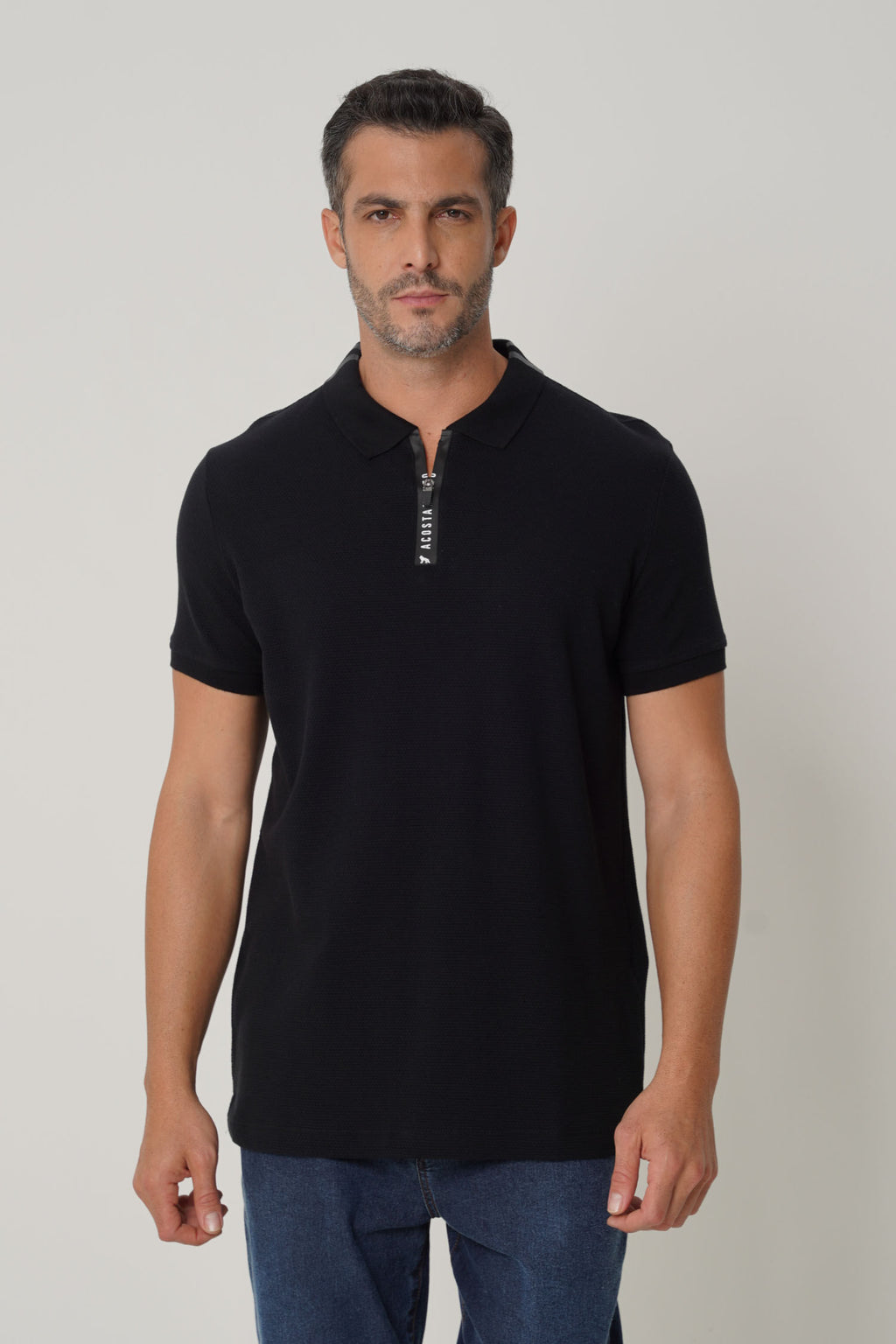 Polo Casual Gola Zíper Masculina Acostamento Preto