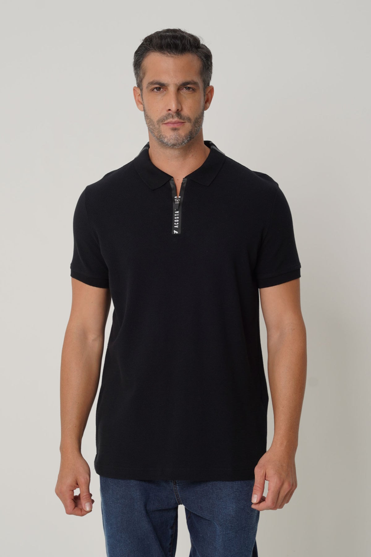 Polo Casual Gola Zíper Masculina Acostamento Preto