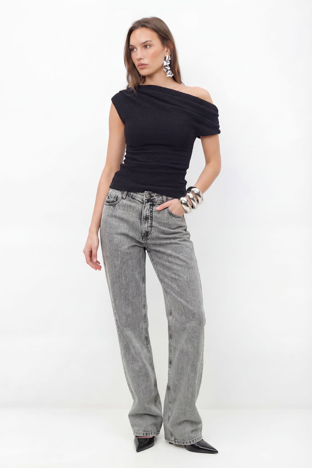 Blusa Ombro Caído Ajustada ACT Feminina Preto