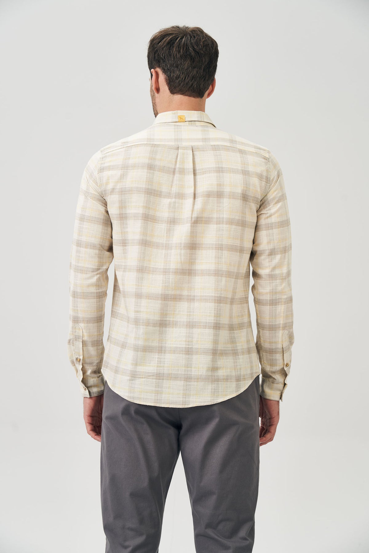 Camisa Manga Longa Mix Xadrez Masculina Acostamento Xadrez Off White C/ Amarelo E Bege