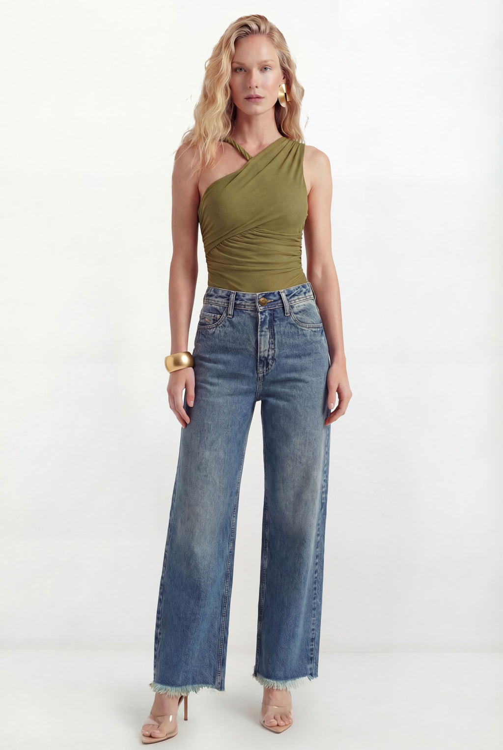 Body De Tule Drapeado Assimétrico ACT Feminino Fresh Olive