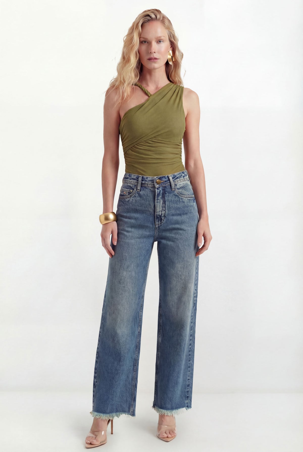Body De Tule Drapeado Assimétrico ACT Feminino Fresh Olive