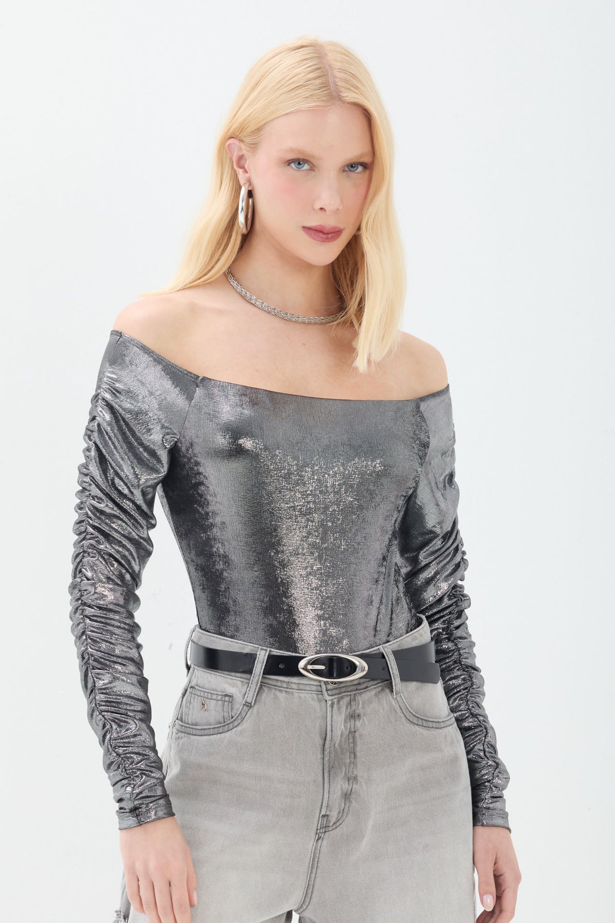 Body Manga Longa Drapeada ACT Feminino Preto C/ Prata