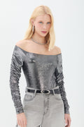 Body Manga Longa Drapeada ACT Feminino Preto C/ Prata