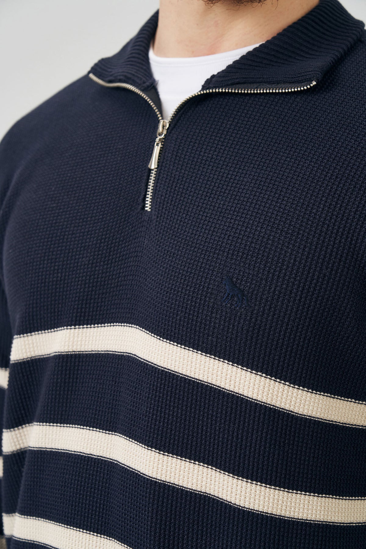 Suéter Tricot Com Zíper Masculino Acostamento Marinho