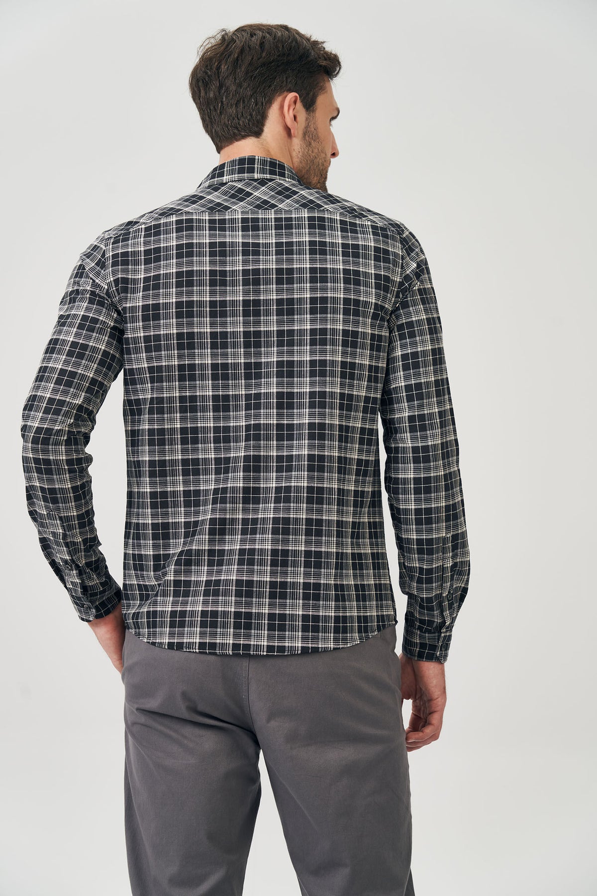 Camisa Manga Longa Xadrez Masculina Acostamento Xadrez Preto C/ Cinza E Off White