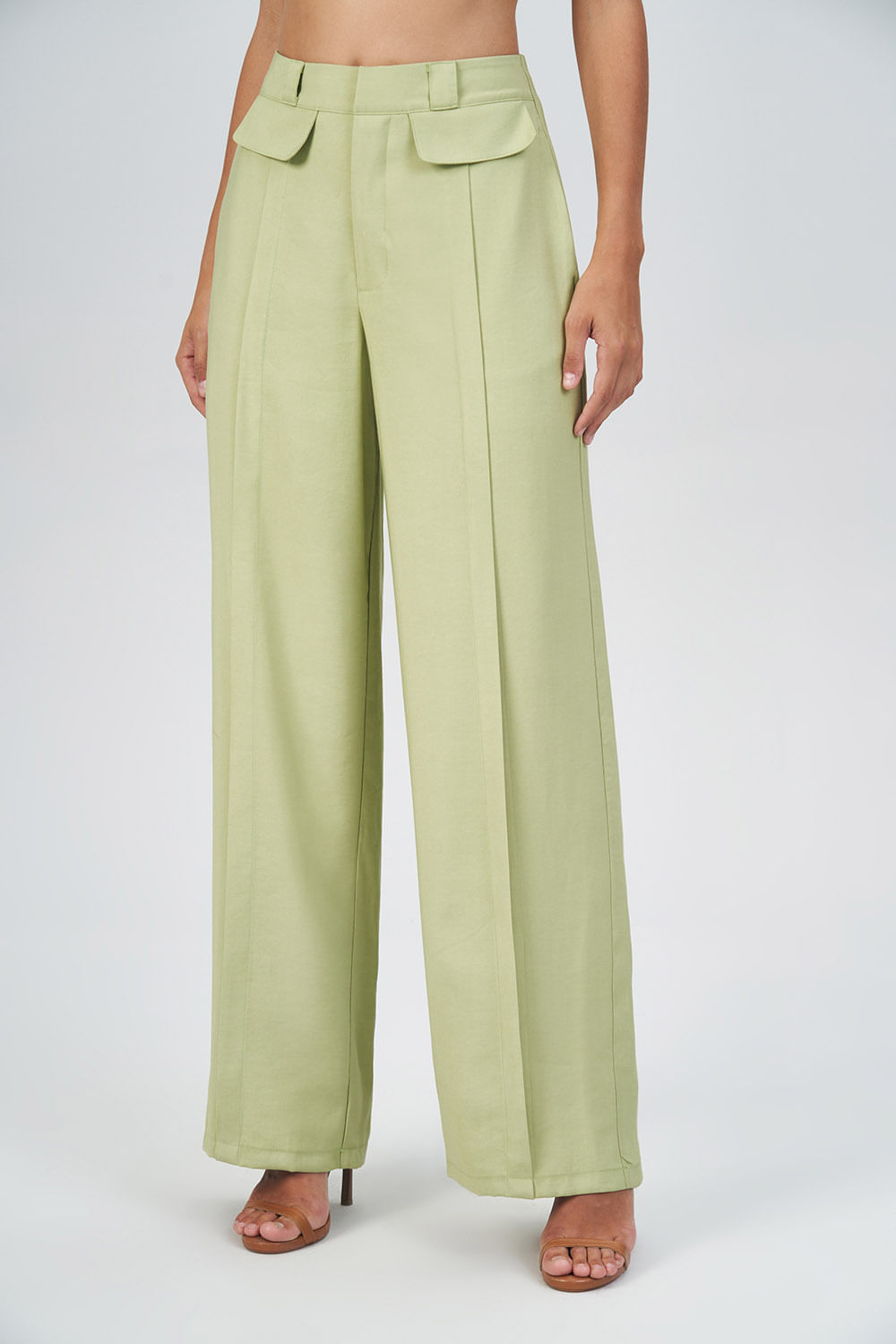 Calça Pantalona Com Bolso Feminina Acostamento Matcha