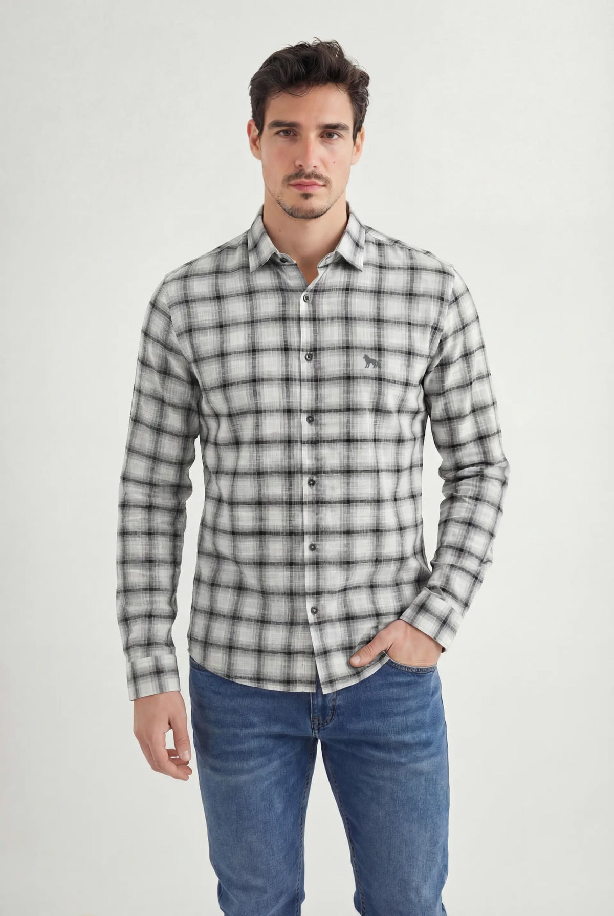 Camisa Manga Longa Xadrez Masculina Acostamento Xadrez Cinza