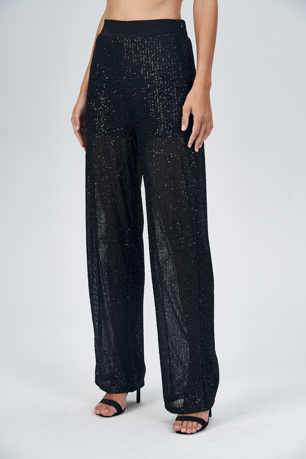 Calça Paetê Reta Feminina Acostamento Preto