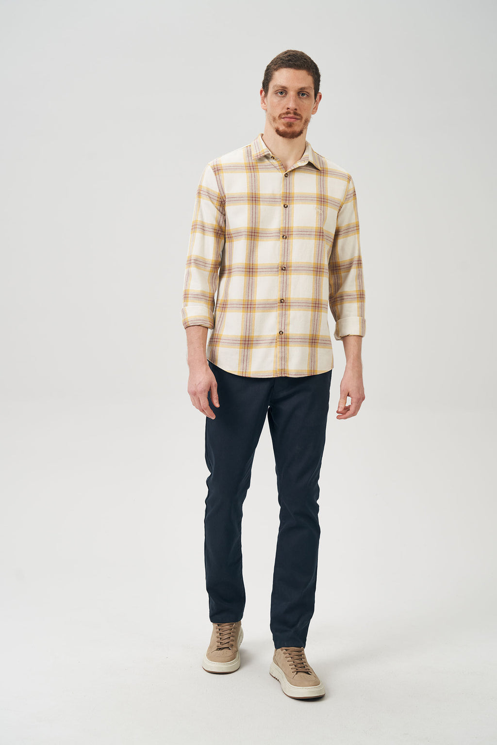 Camisa Manga Longa Max Masculina Acostamento Xadrez Off White C/ Amarelo E Caqui