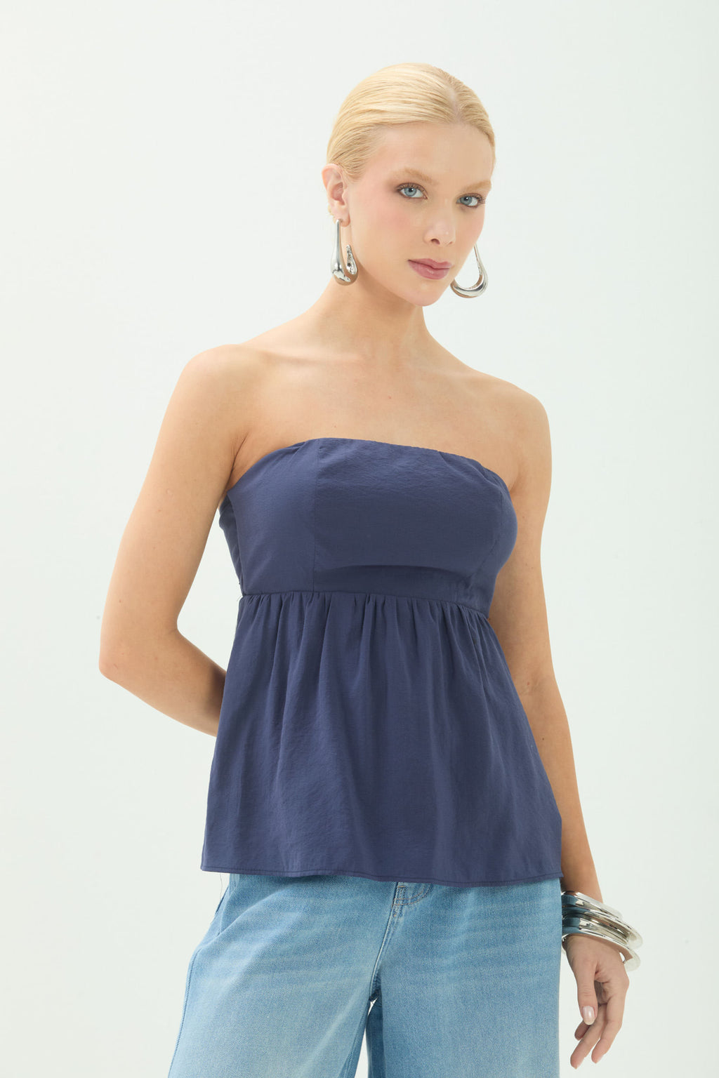 Blusa Sem Alça Franzida Peplum ACT Feminina Royal Blue