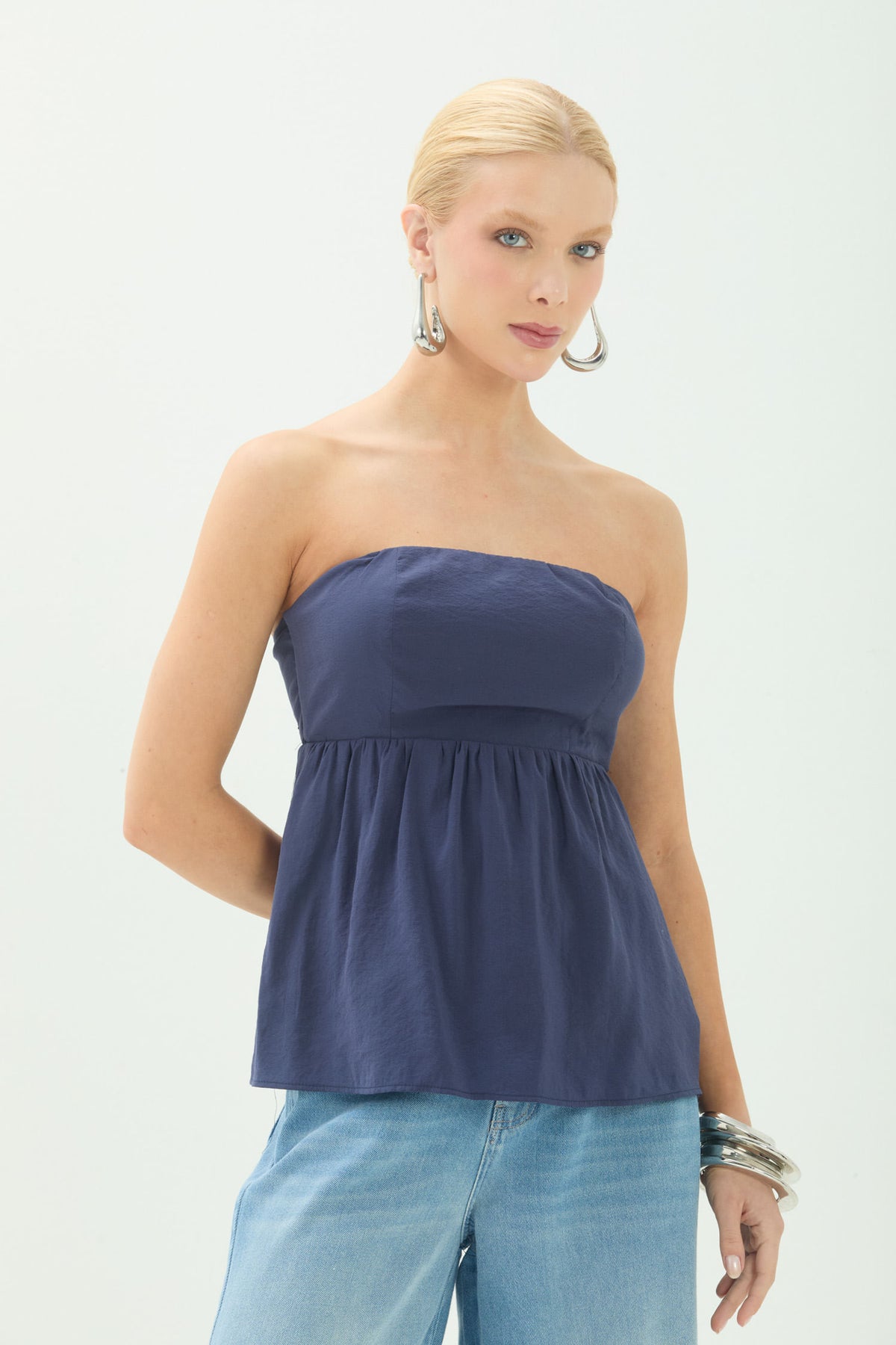 Blusa Sem Alça Franzida Peplum ACT Feminina Royal Blue
