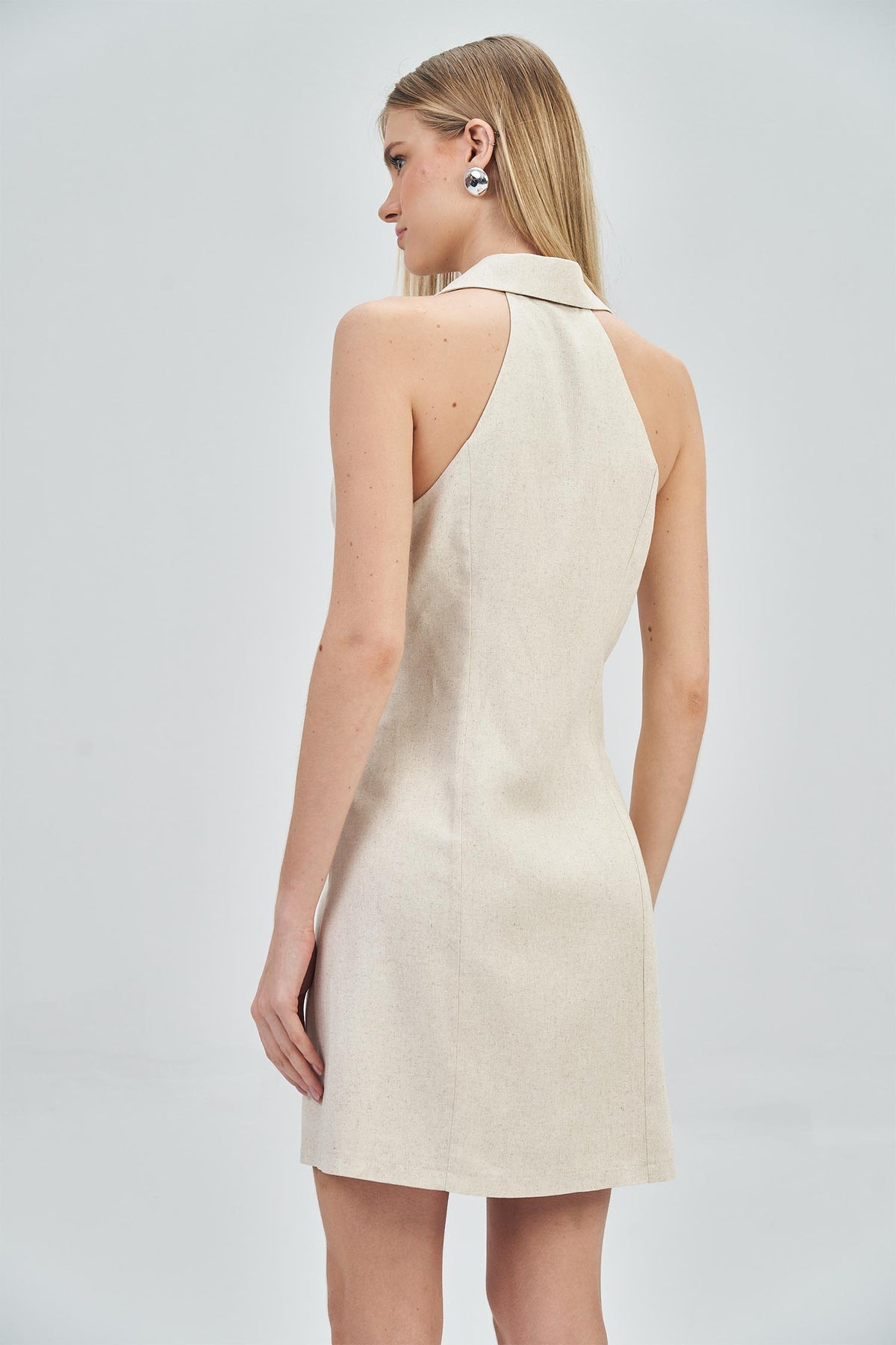 Vestido Curto Linho Lapela Feminino Acostamento Natural