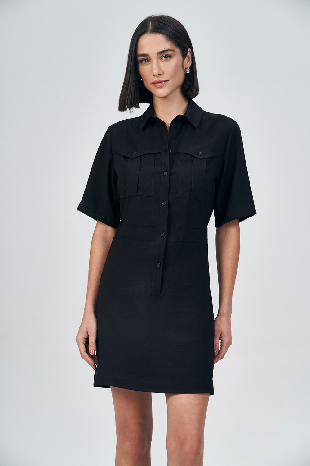 Vestido Botões Feminino Acostamento Preto