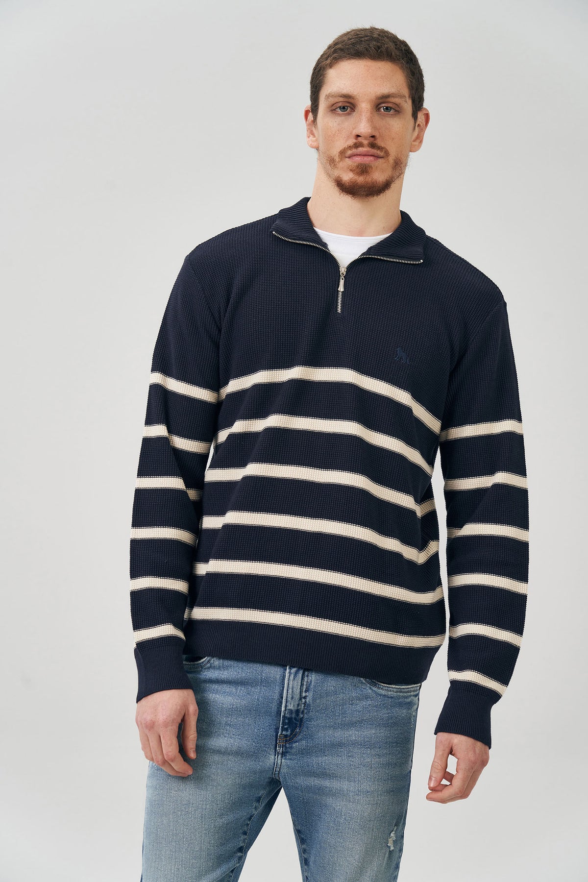 Suéter Tricot Com Zíper Masculino Acostamento Marinho