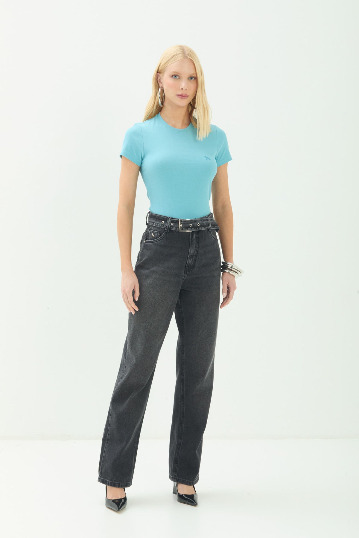 T-Shirt Canelada Básica ACT Feminino Misty Blue