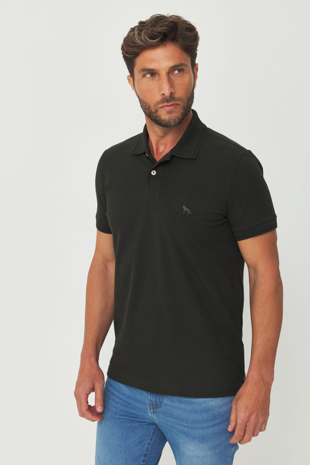 Polo Básica Com Bordado Masculina Acostamento Verde Folhagem